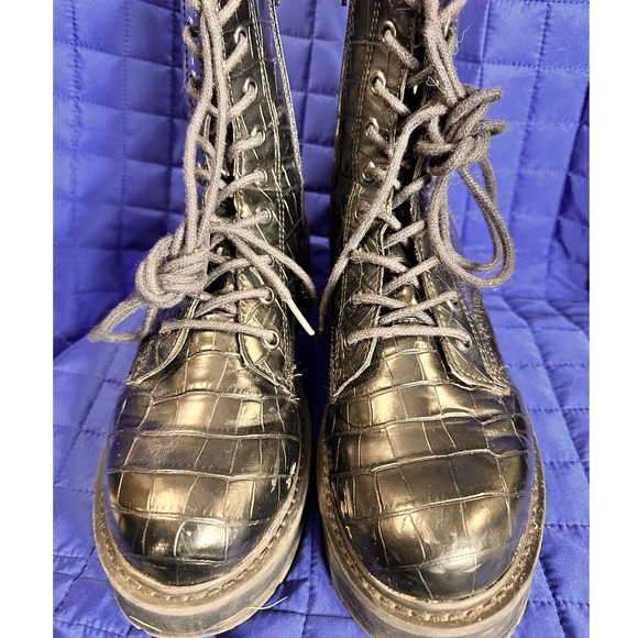 Steve Madden Black Croc Embossed Leather Lace Up Combat Boots Lug Sole Moto Goth - Picture 6 of 9